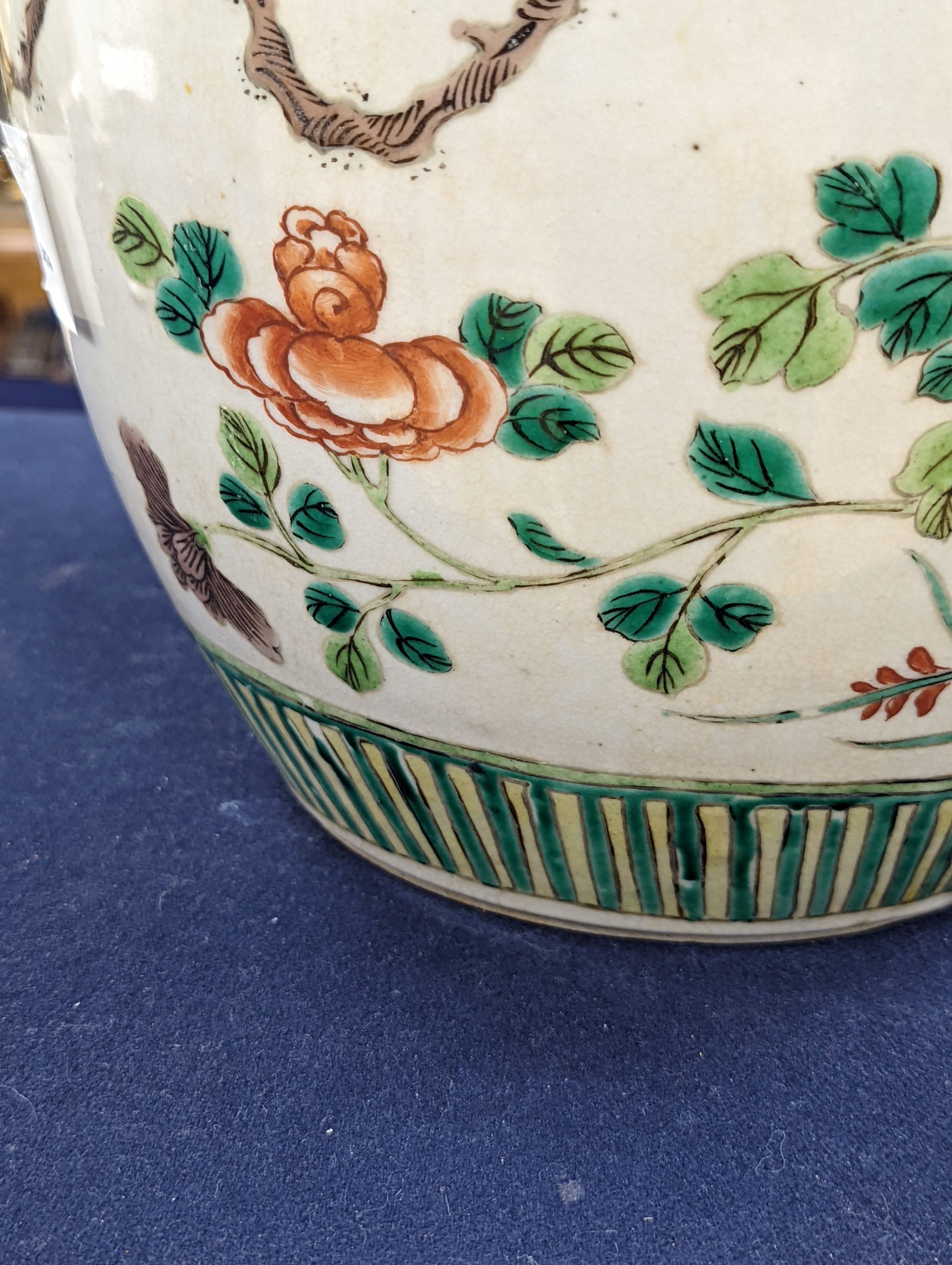 An early 20th century Chinese famille verte crackle glaze jar, 30cm